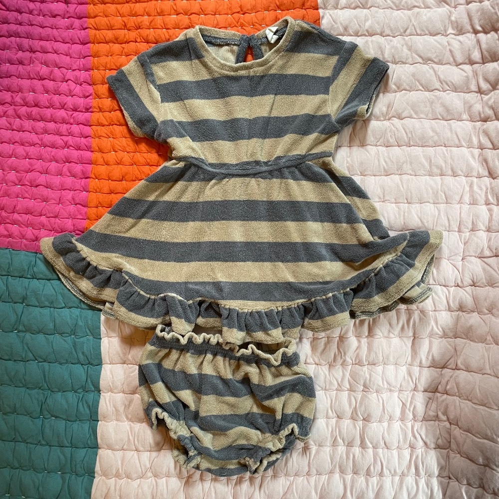 Quincy Mae Toddler Striped Dress & Bloomers in Gray and Cream